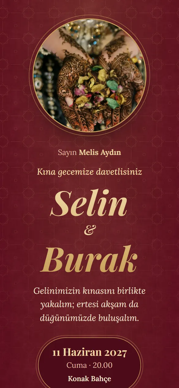 Kına gecesi davetiyesinin kapağı